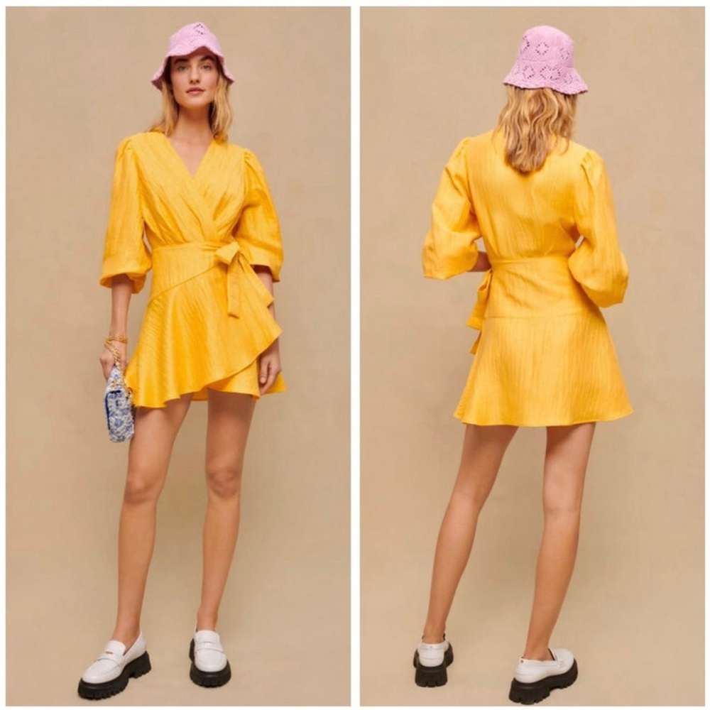 Maje Yellow Linen Blend Puff Sleeve Wrap Mini Dress Size EU36 XSmall（Size1）